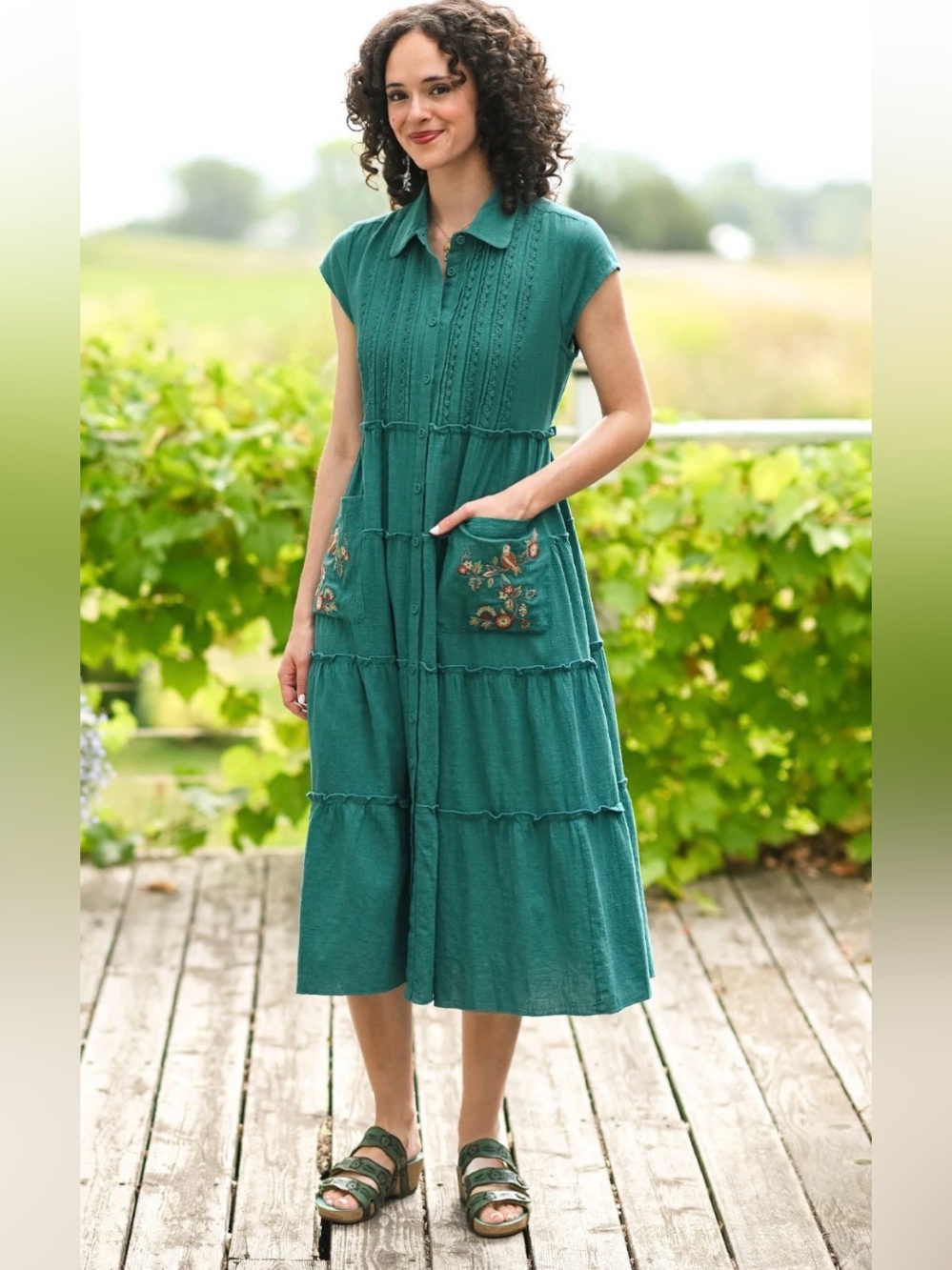 April Cornell Teal Maggie Embroidered Midi Dress Boho Cottagecore Size XXL